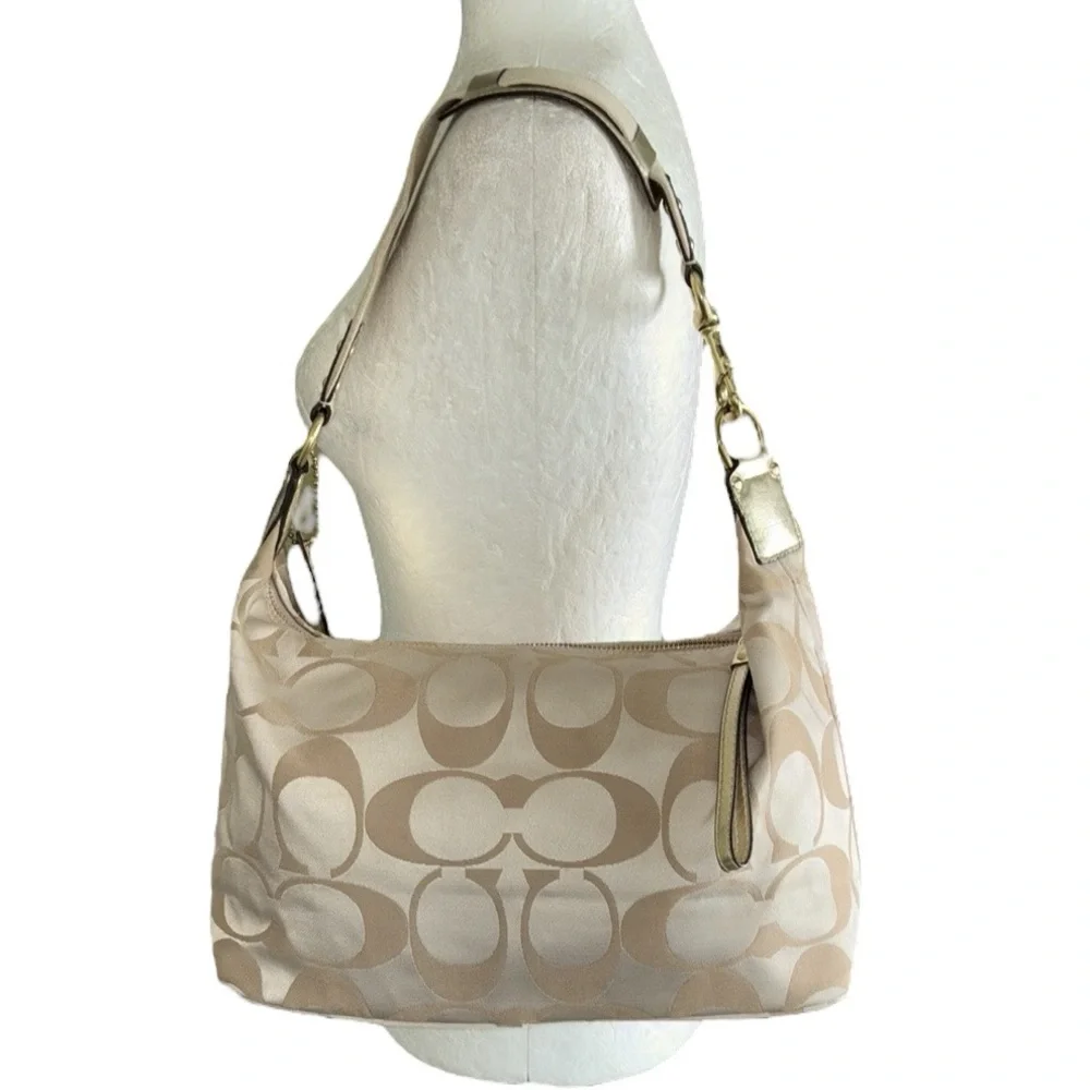 COACH Poppy Khaki Sateen Logo Multicolor Applique Shoulder Hobo Bag - F17586